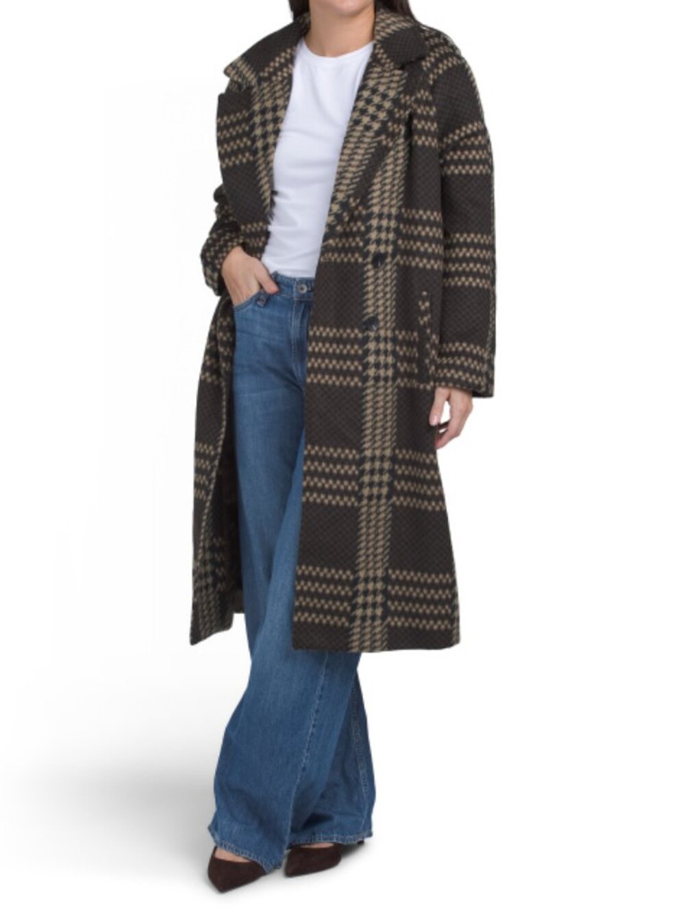 AVEC LES FILLES Plaid Wool Blend Patchwork Relaxed Fit Walker Long Coat